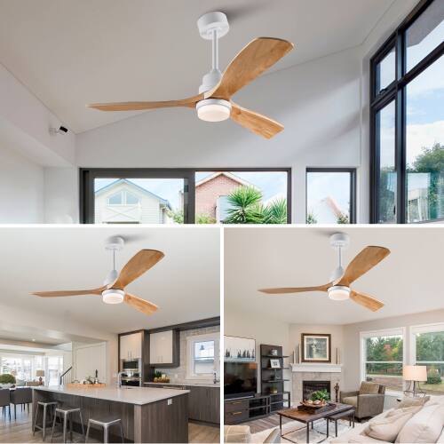 Alt View 1. LUCKY ONE - 52" Ceiling Fan with Light Remote 3 Solid Wood Blades DC Motor - Oak Natural Wood + Antique White.