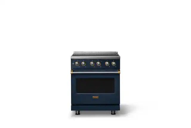 Front. Viking - 30 in. Wide 4 Elements Pro 5 Series 4.7 Cu. Ft. Freestanding Induction Convection Range - Slate Blue w. Brushed Brass - Slate Blue.