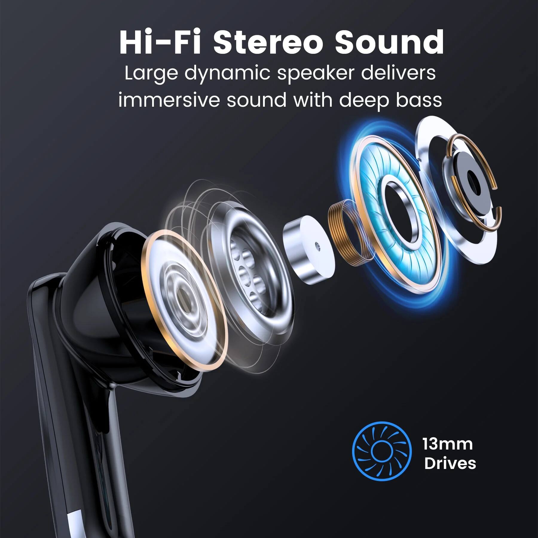 Hi-Fi Stereo Sound  
Large dynamic speaker delivers immersive sound with deep bass  
13mm Drives