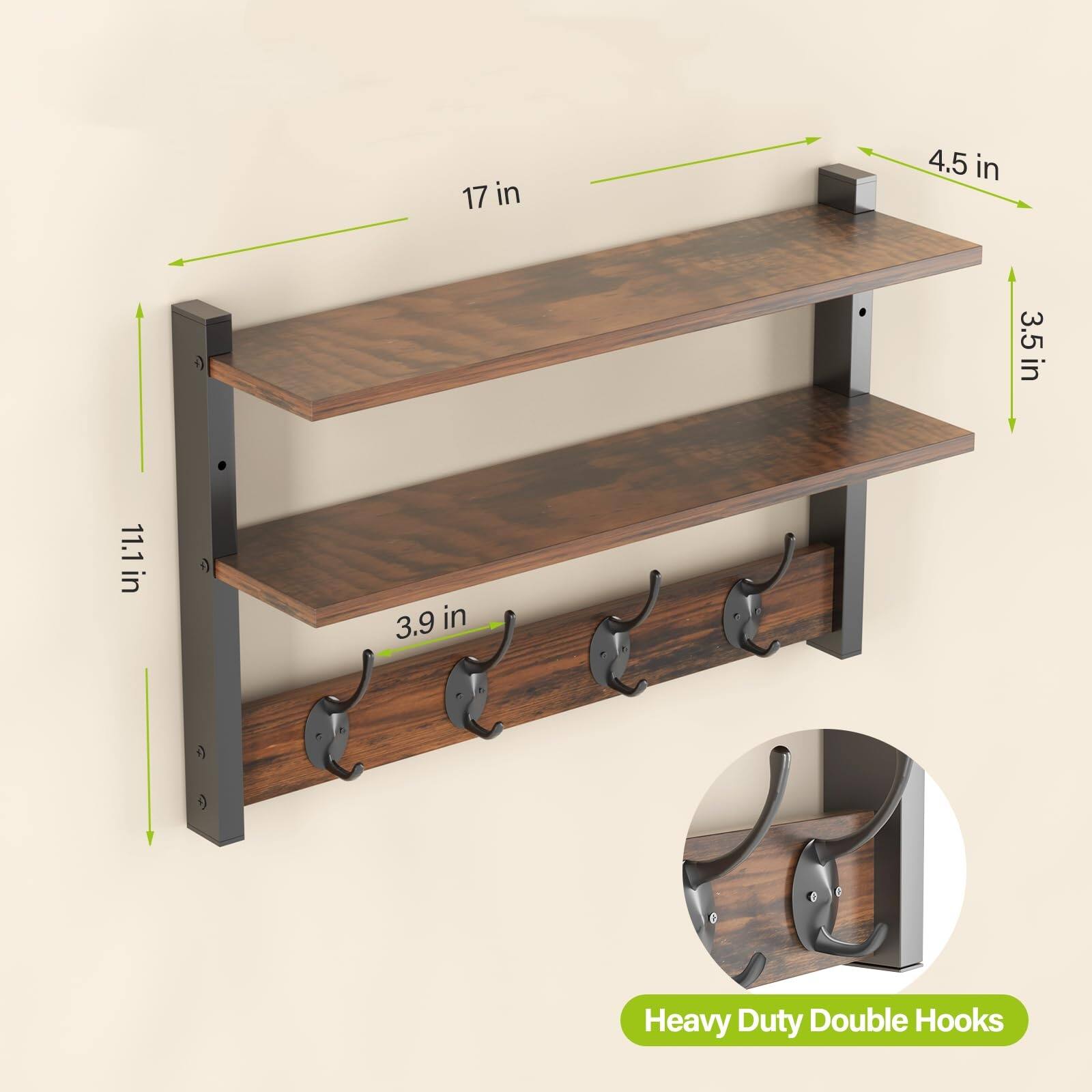 17 in  
4.5 in  
3.5 in  
11.1 in  
3.9 in  
Heavy Duty Double Hooks