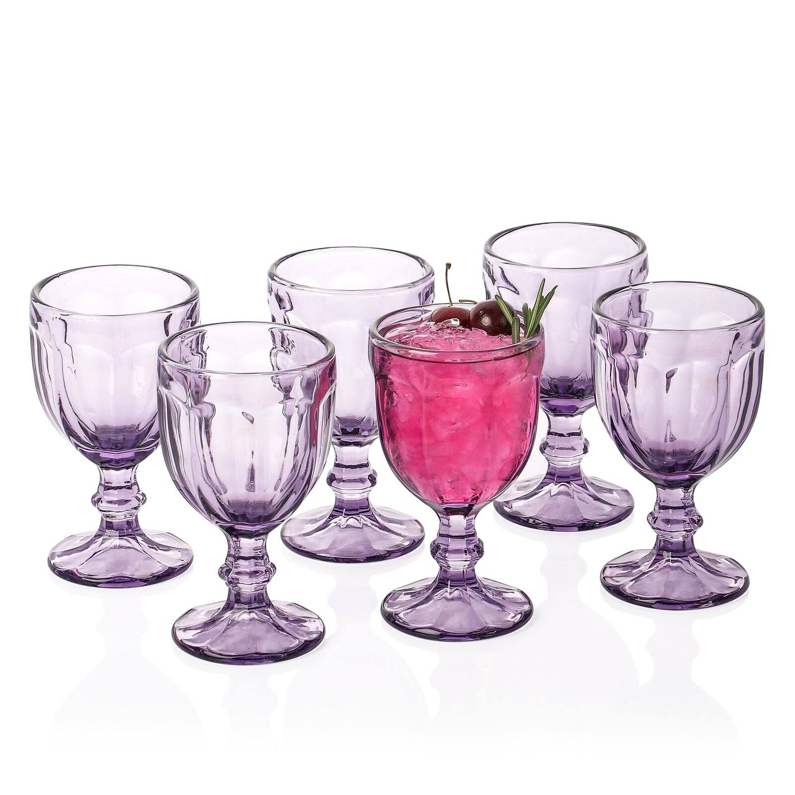 Front. BreeBe - Vintage Embossed Glass Goblet (10.2 oz. set of 6) - Purple.