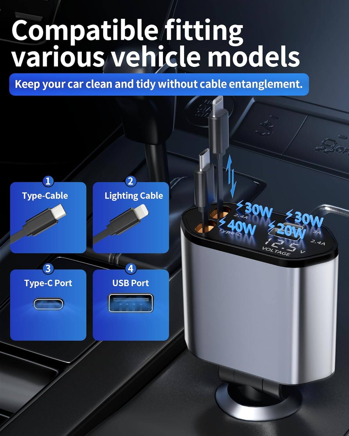 Compatible fitting various vehicle models. Keep your car clean and tidy without cable entanglement.

1. Type-Cable
2. Lighting Cable
3. Type-C Port
4. USB Port

30W
40W
20W
12.5V
2.4A
3A