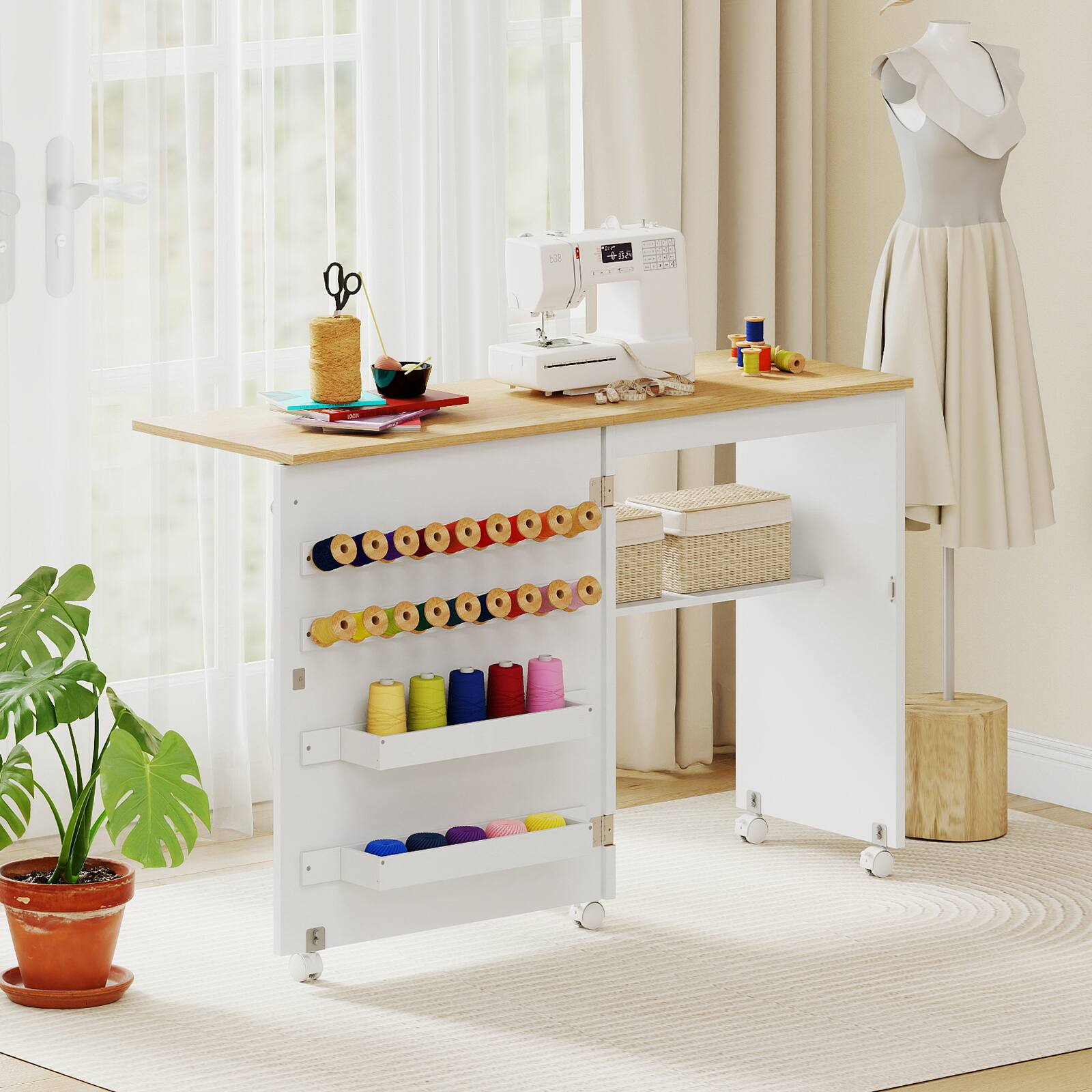 Alt View 4. Gymax - Gymax Folding Sewing Table w/ Compact Design Storage Shelf 2 Trays and 18 Pegs - White.