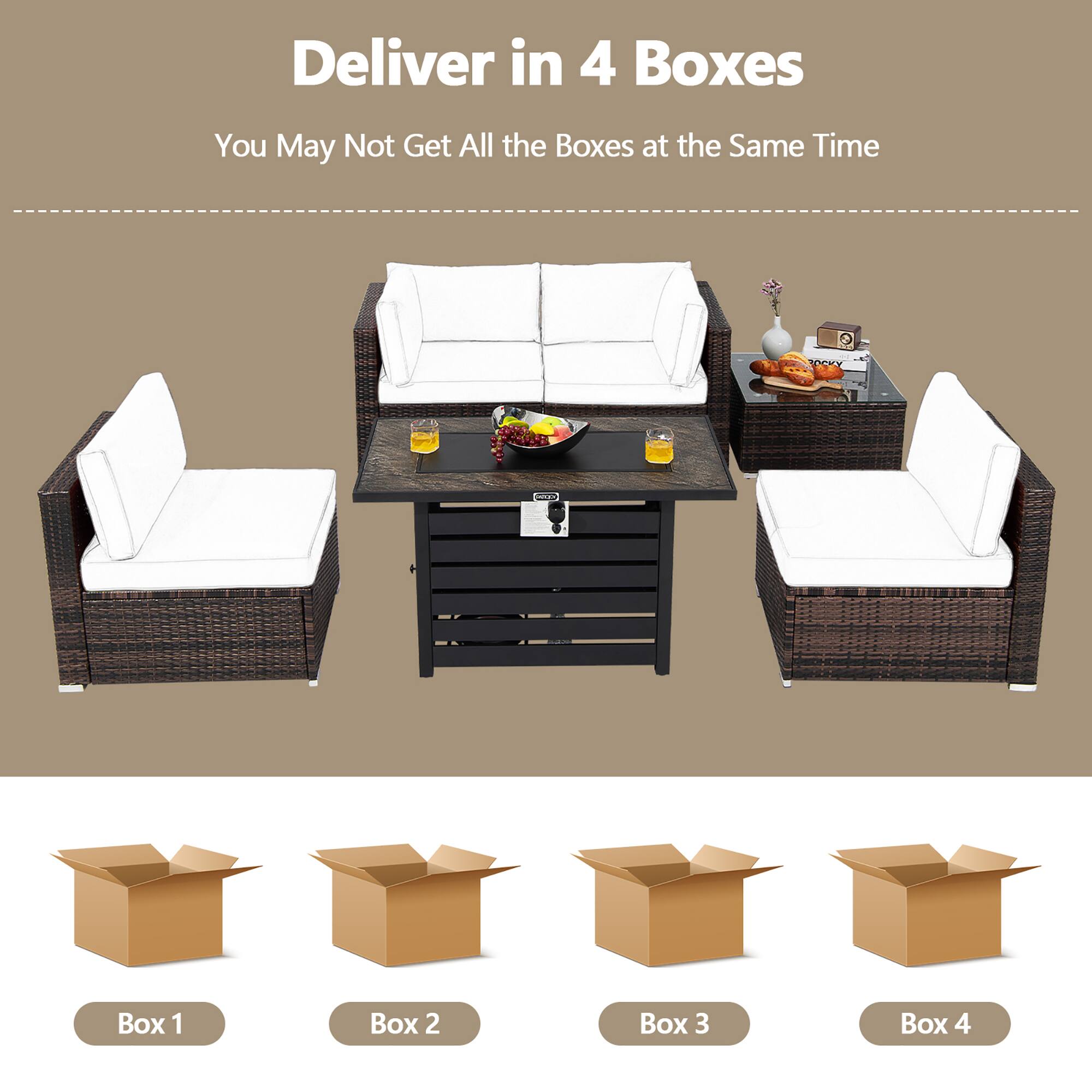 Deliver in 4 Boxes  
You May Not Get All the Boxes at the Same Time  

Box 1  
Box 2  
Box 3  
Box 4