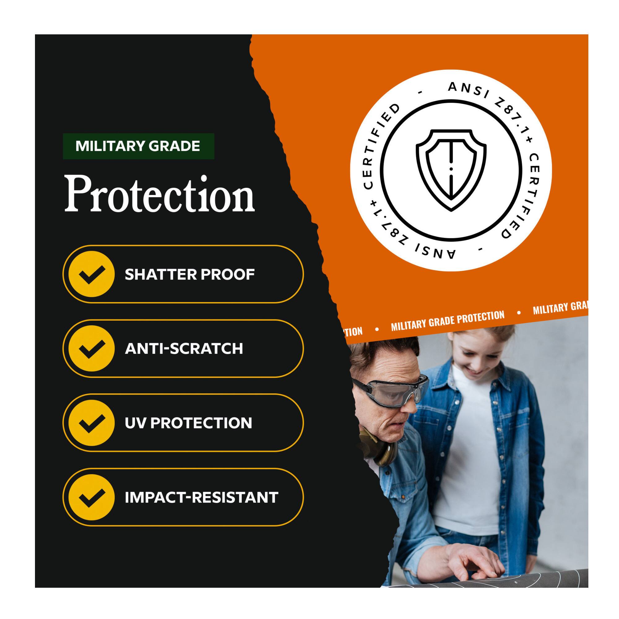 MILITARY GRADE Protection  
SHATTER PROOF  
ANTI-SCRATCH  
UV PROTECTION  
IMPACT-RESISTANT  

ANSI Z87.1+ CERTIFIED  
MILITARY GRADE PROTECTION