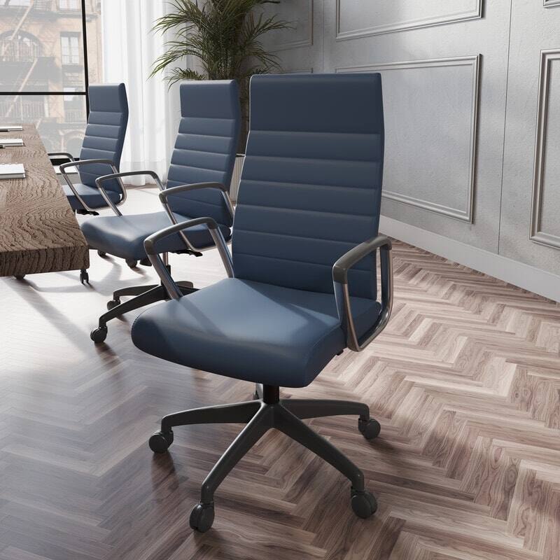 Angle. LeisureMod - Hilton High-Back Adjustable Office Desk Chair Upholstered in Leather with Steel Frame, Swivel, and Ergonomic Support - Navy Blue.