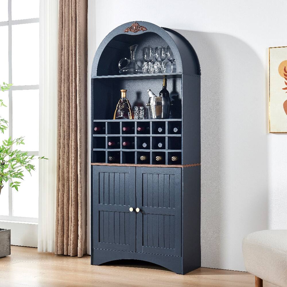 Angle. Loheer - Loheer Arched Wood Wine Cabinet Freestanding Blue Liquor Bar Cabinet with Removable Rack - Blue.