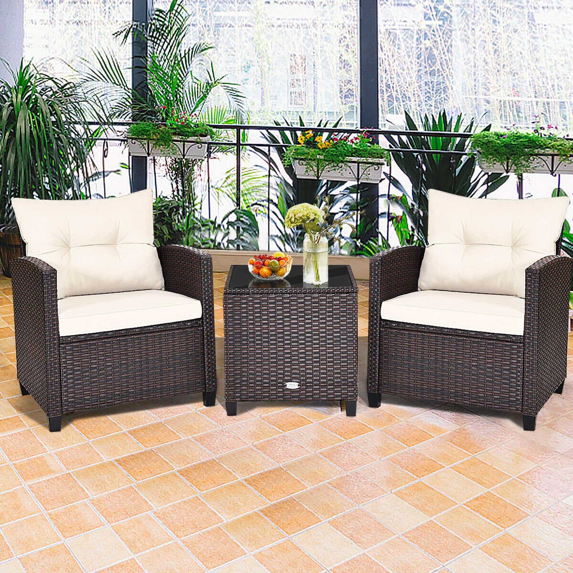 Gymax - 3PCS Outdoor Patio Rattan Conversation Set Garden Yard w/ Off White Cushions - Mix Brown price history on PriceWatchPro