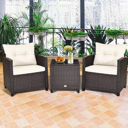 Gymax - 3PCS Outdoor Patio Rattan Conversation Set Garden Yard w/ Off White Cushions - Mix Brown