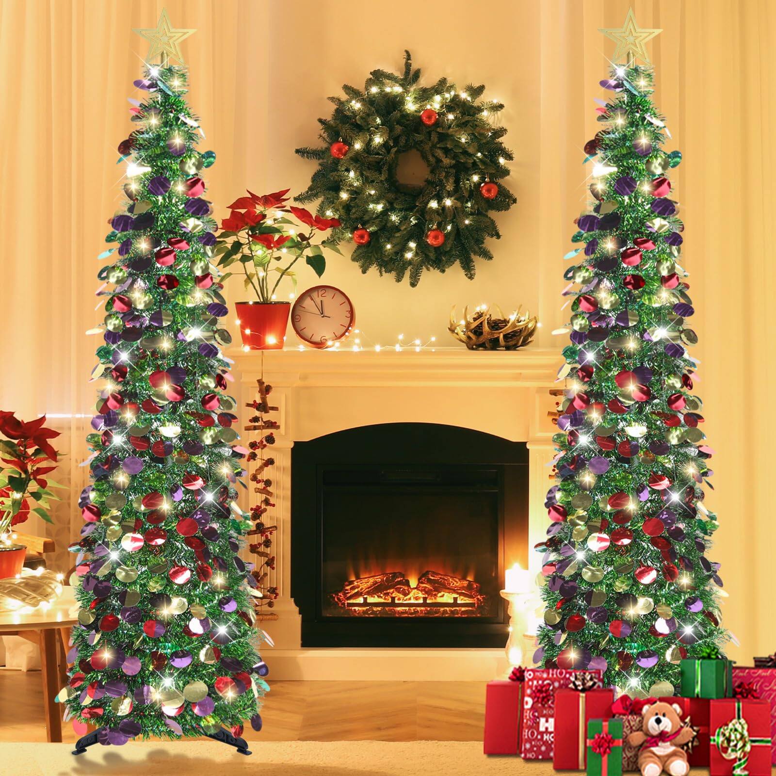 Alt View 2. Skar Audio - Pop Up Christmas Tree With Timer Lights Tinsel Collapsible Artificial Pencil For Indoor Home Apartment - Silver 5ft.