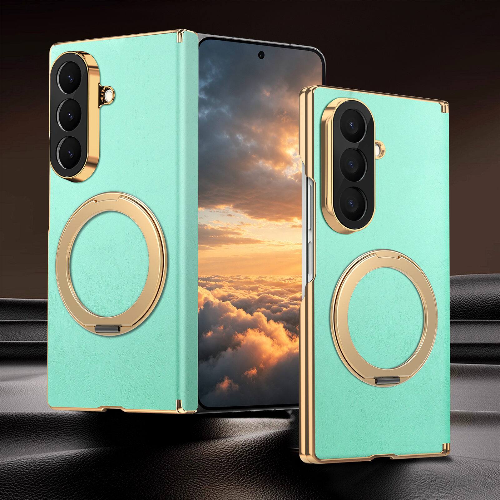 Left. Dteck - Shockproof Magnetic Case for Samsung Galaxy Z Fold8 Ultra with Ring Stand, Leather Texture Rigid Plastic Hinge Cover - Lightgreen.