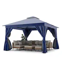 Decksplore - Semi-Permanent Patio Gazebo 12'x12' with Double Roofs, Mosquito Nettings and Privacy Screens - Blue