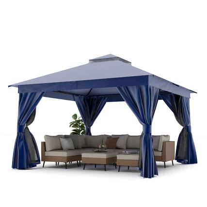 Front. Decksplore - Semi-Permanent Patio Gazebo 12'x12' with Double Roofs, Mosquito Nettings and Privacy Screens - Blue.