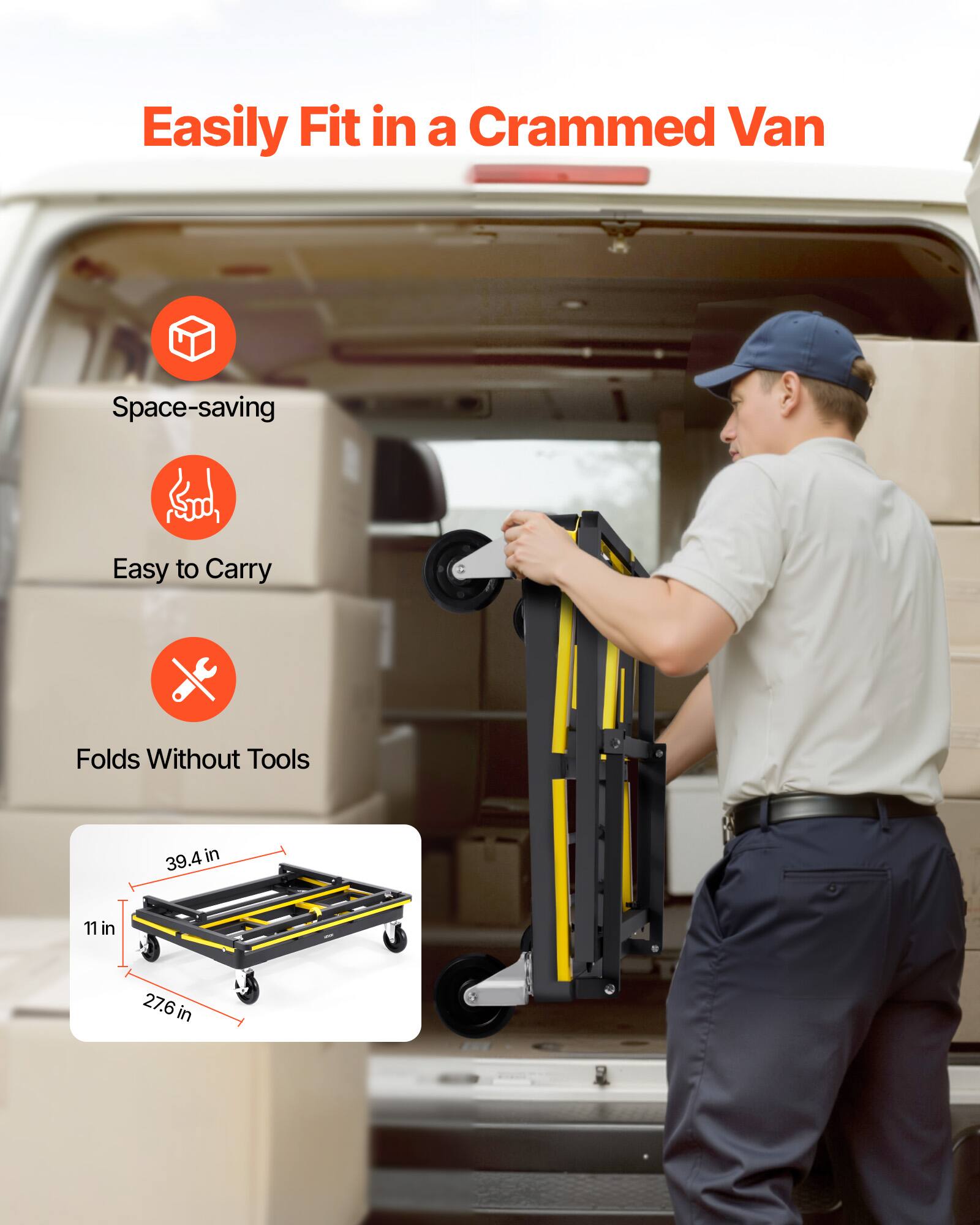 Easily Fit in a Crammed Van

- Space-saving
- Easy to Carry
- Folds Without Tools

Dimensions:
- 39.4 in
- 11 in
- 27.6 in