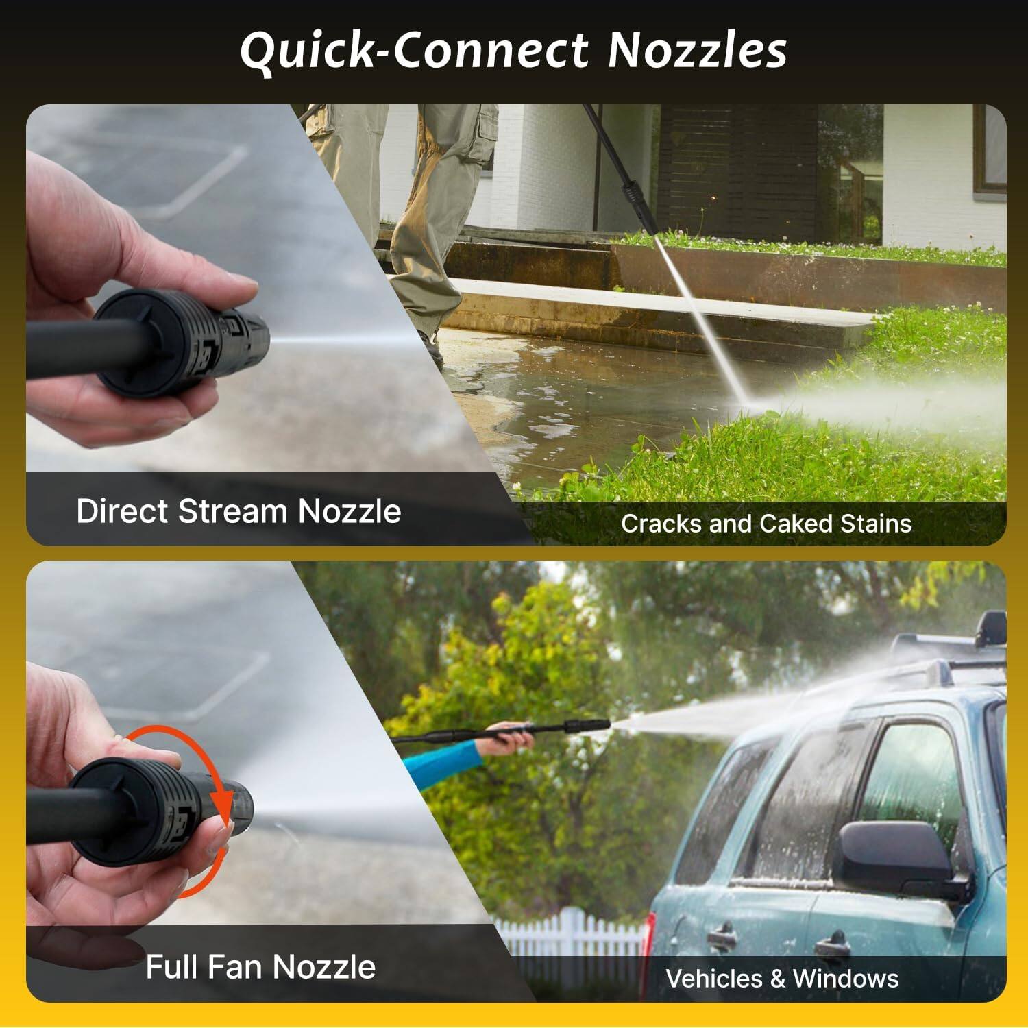 Quick-Connect Nozzles

- Direct Stream Nozzle
- Cracks and Caked Stains
- Full Fan Nozzle
- Vehicles & Windows