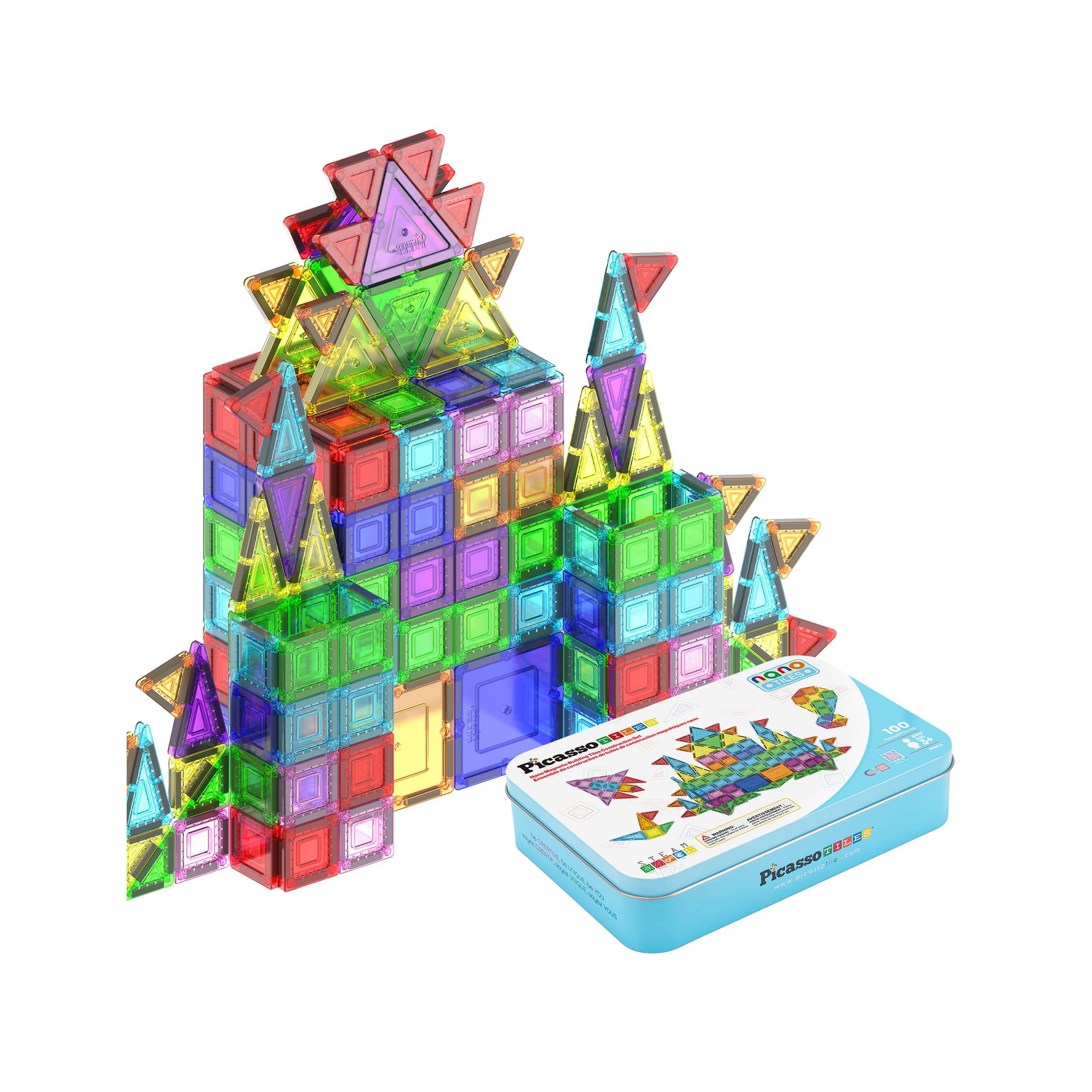 PicassoTiles - 100PC Nano Magnetic Tiles for Kids, Building Blocks Toy with Storage Case, Travel Size