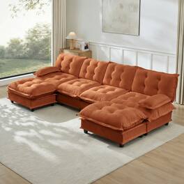 Anysun - 138" U-Shape Cloud Sectional with 2 Ottomans - Modular Chenille Sofa, 4-Seat Deep Design, Lattice-Decor Cushions - Orange