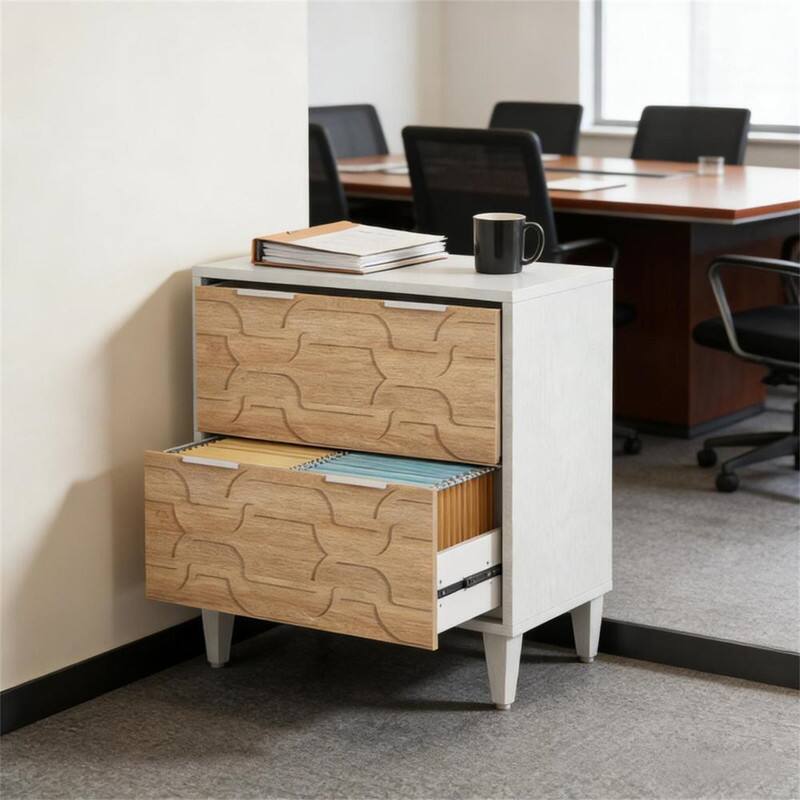 Alt View 1. HTUTWOO - Wood Storage Cabinet - File Cabinet with Drawer, Adjustable Stainless Steel Rods for Legal, Particle Board & Steel - Walnut+White.