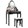 Front. Costway - Costway Vanity Jewelry Wooden Makeup Dressing Table Set W/Stool Mirror & 5 Drawers - Black.