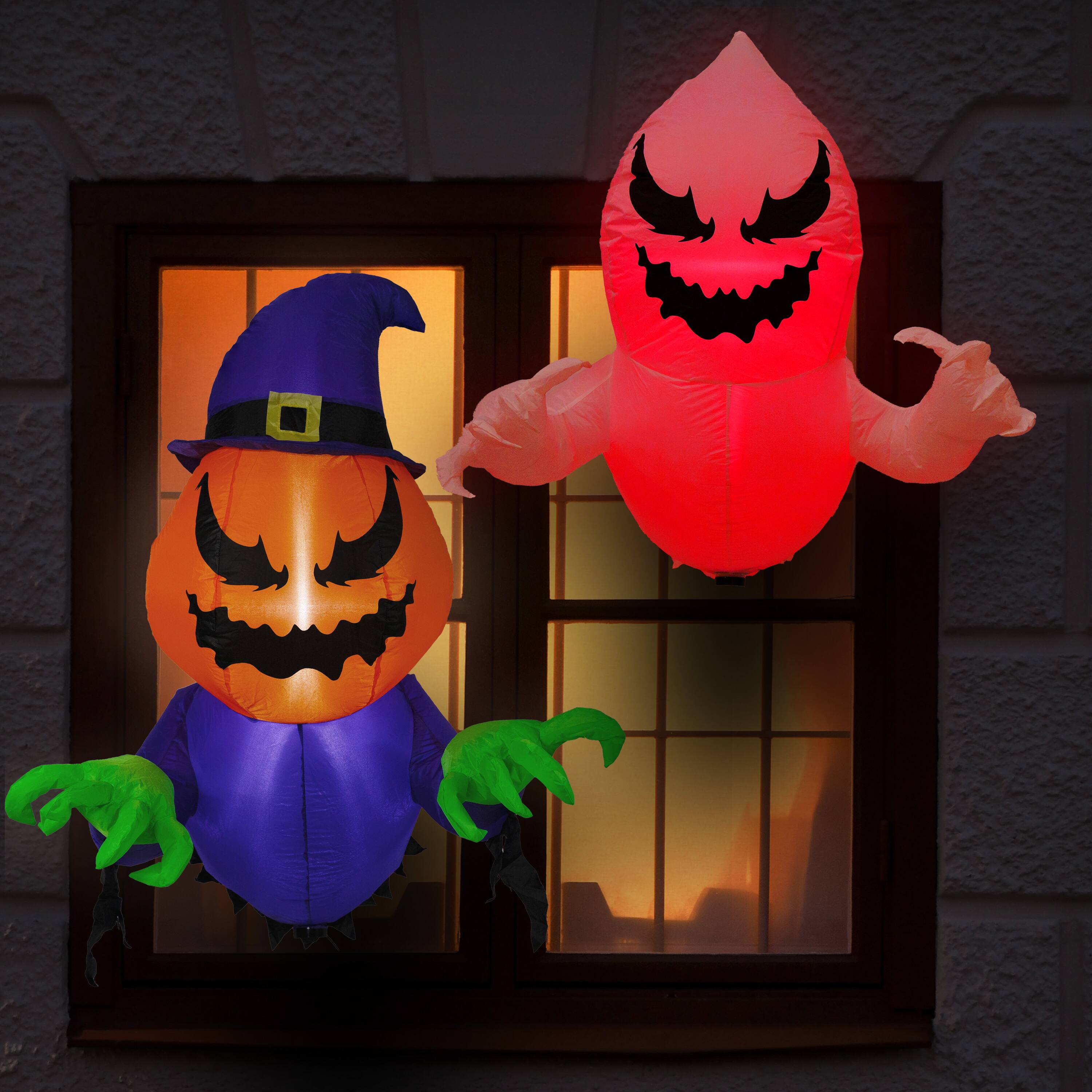 Alt View 7. Sunnydaze - Pumpkin Jack and Ghost Window Inflatable Halloween Decoration - White.