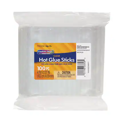 PAC3358
Age 12+
Creativity Street
www.DixonTiconderogaCompany.com
MADE IN USA
Hot Glue Sticks
FOR LOW & HIGH TEMP. MINI GLUE GUNS
100 PC
4 IN X 0.27 IN (10.2 cm X 6.9 mm)
CAUTION: May cause burns upon contact with skin when heated or melted
MFG FOR:
DIXON TICONDEROGA CO
APPLETON, WI 54913
www.DixonTiconderogaCompany.com
XXXXDDMMYY