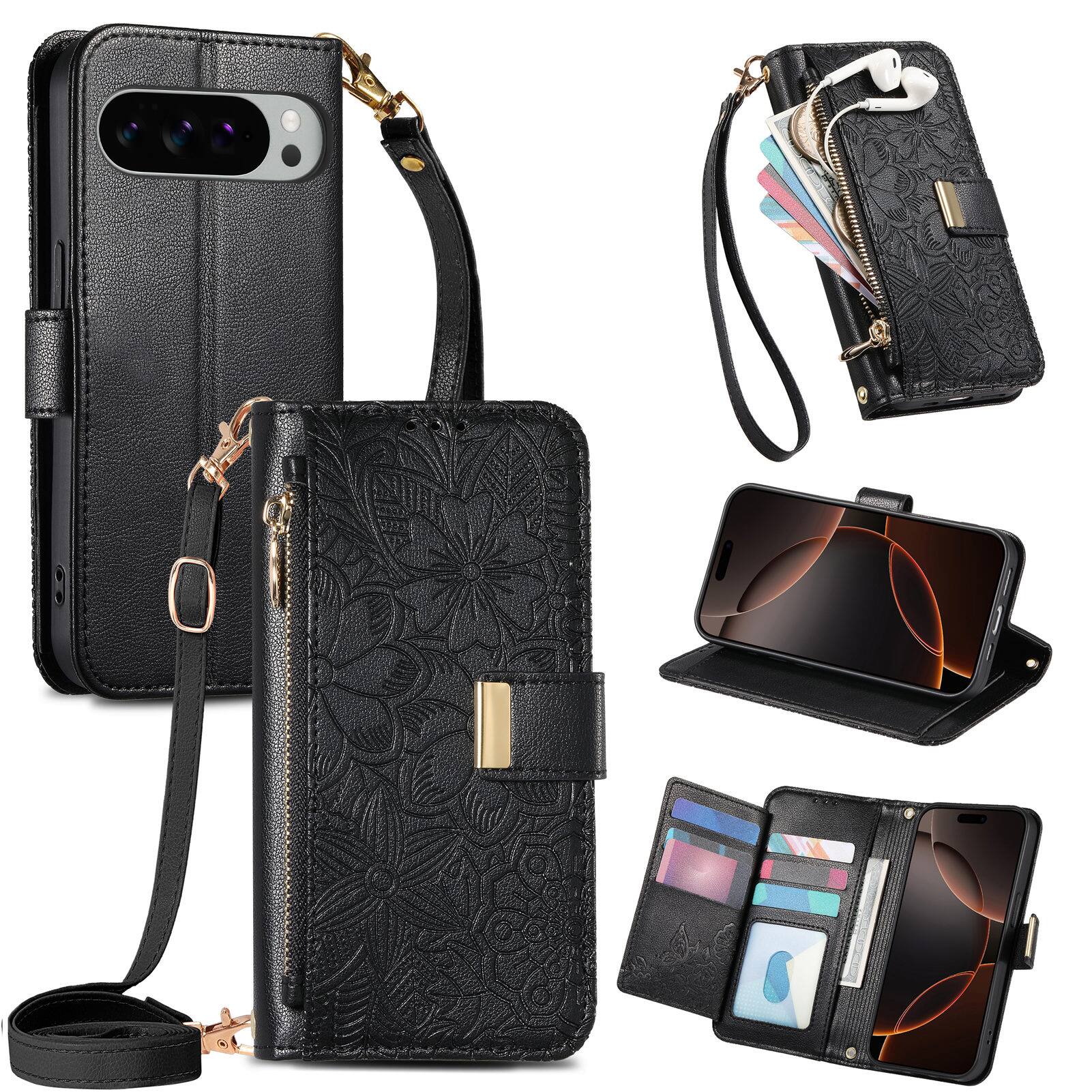 Angle. Dteck - Floral Embossed Leather Zipper Cash Slot Wallet Case for Google Pixel 10 /10 Pro with Detachable Strap - Black.