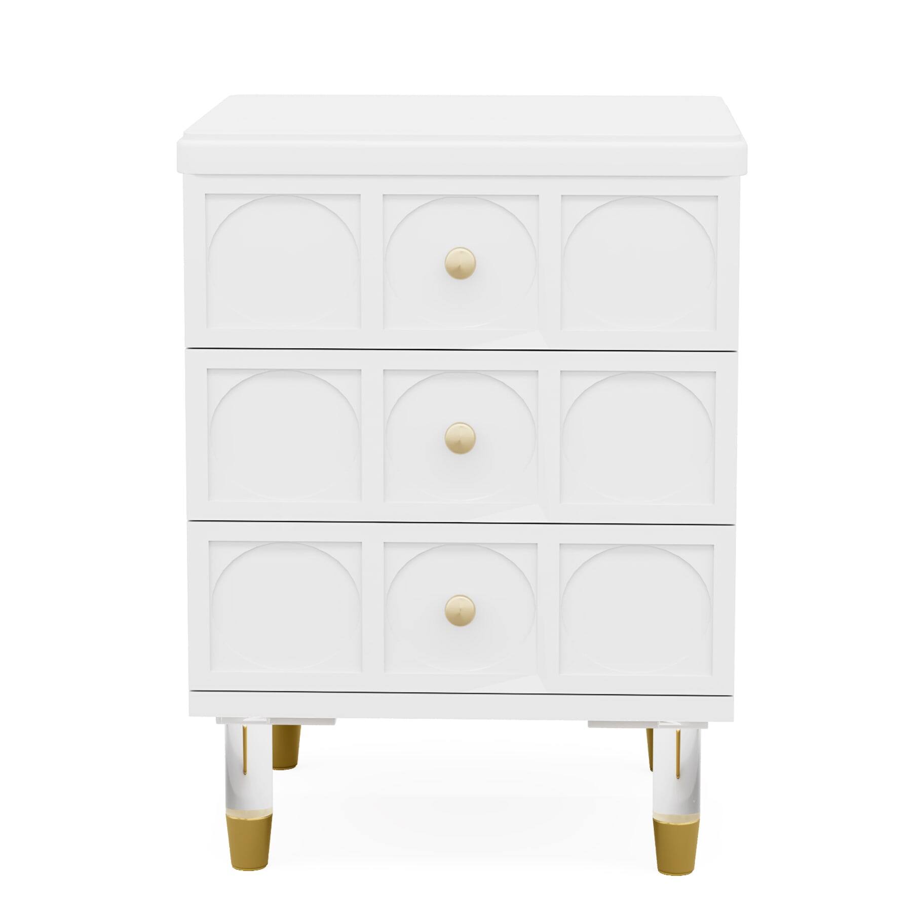 Front. Kadyn - Kadyn 3-Drawer Bedside Table, Acrylic Metal Legs, Compact Nightstand for Bedroom, Space-Saving, Sleek Design, White - White.