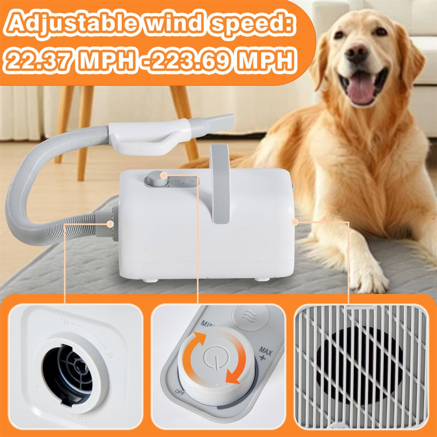 Adjustable wind speed: 22.37 MPH - 223.69 MPH