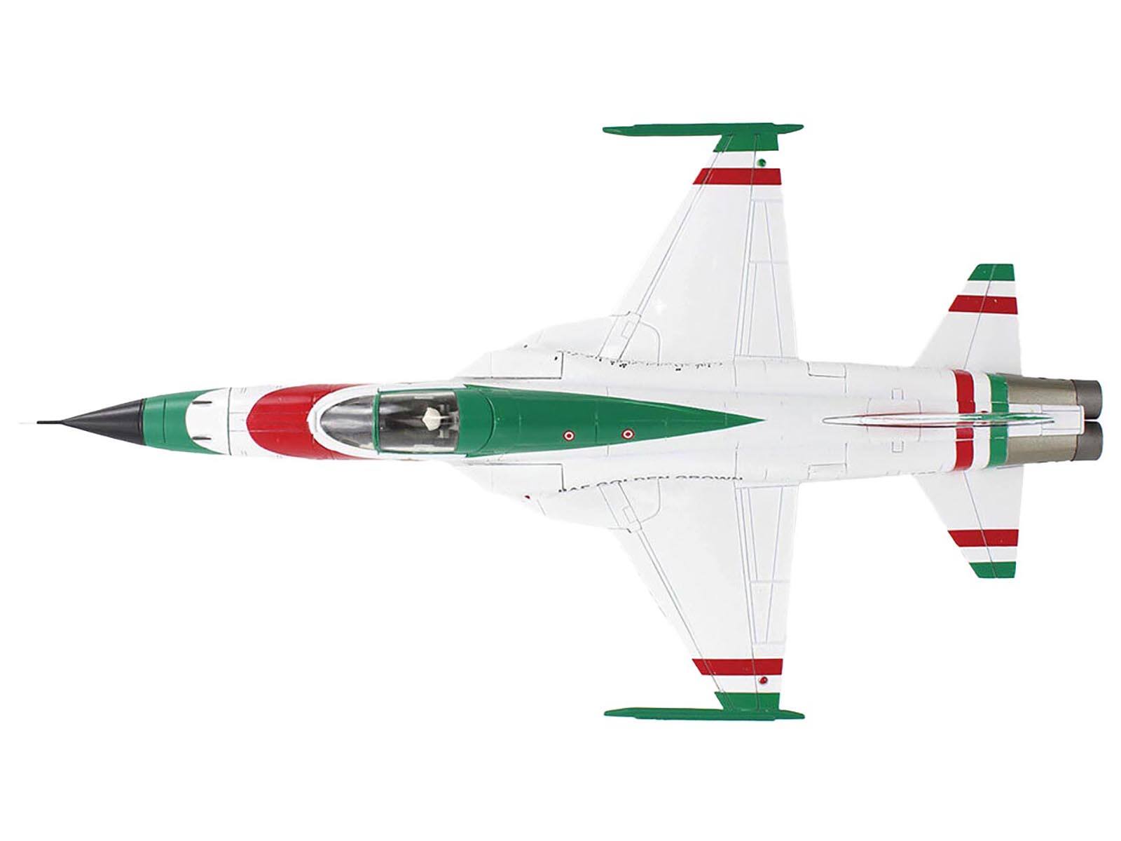 Left. Hobby Master - Northrop F-5E Tiger II Aircraft "#1-8 3-7099 IIAF Golden Crown" Imperial Iranian Air Force "Air Power Series" 1/72 - White, Green, Red.