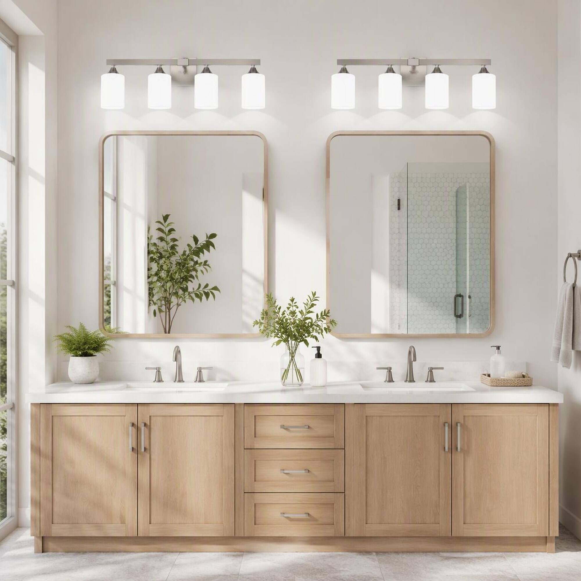 Back. RYHNUYNE - 4-Light Brushed Nickel Vanity Light Bar with Frosted Glass Shades, Moisture-Resistant Metal Fixture for Bathroom Mirror.