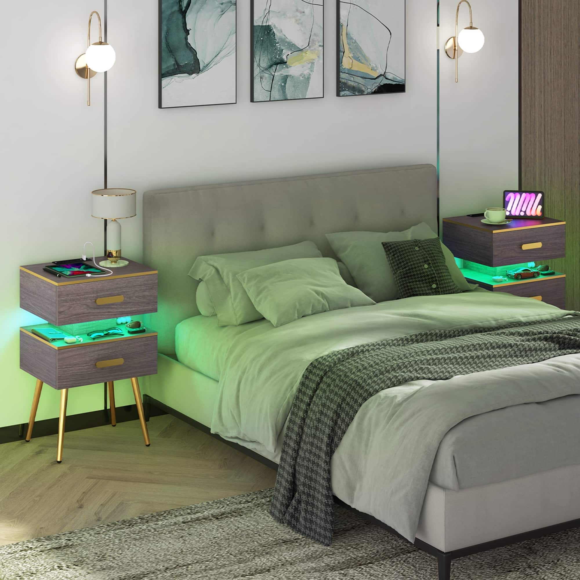Alt View 1. Costway - 1 PCS Nightstand with Charging Station Bedside Sofa Side Tables with 2 Drawers - Grey + Gold.