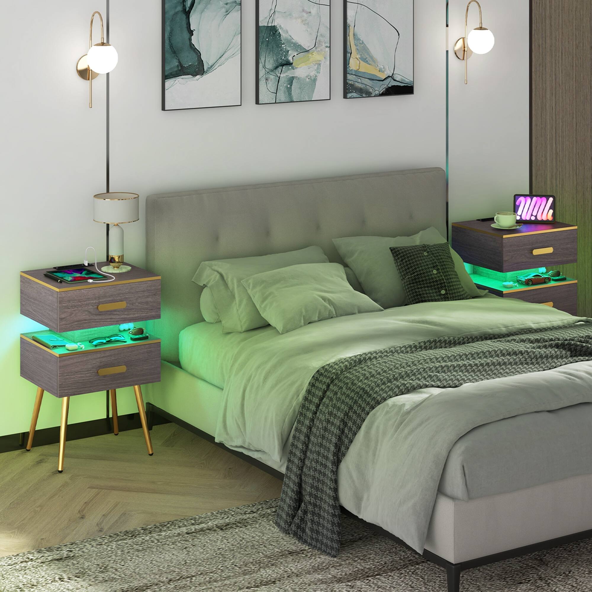 Alt View 1. Costway - 1 PCS Nightstand with Charging Station Bedside Sofa Side Tables with 2 Drawers - Grey + Gold.