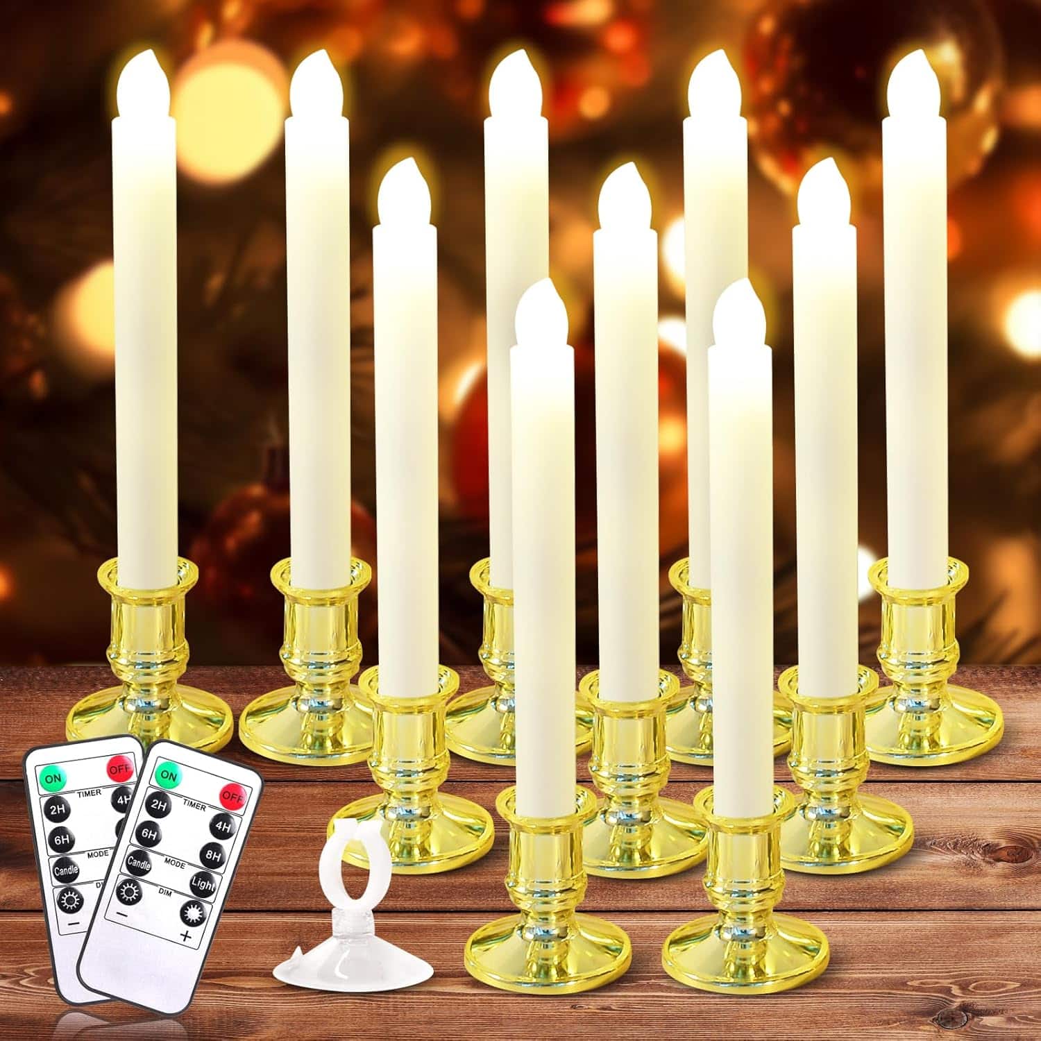 RTMB - 10 Pack Gold Battery Operated LED Window Candles, Flameless, Remote & Timer