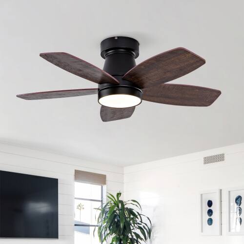 Angle. LUCKY ONE - 32" Low Profile Ceiling Fan with Light Remote Flush Mount 6-Speed - Black + Dark Walnut.