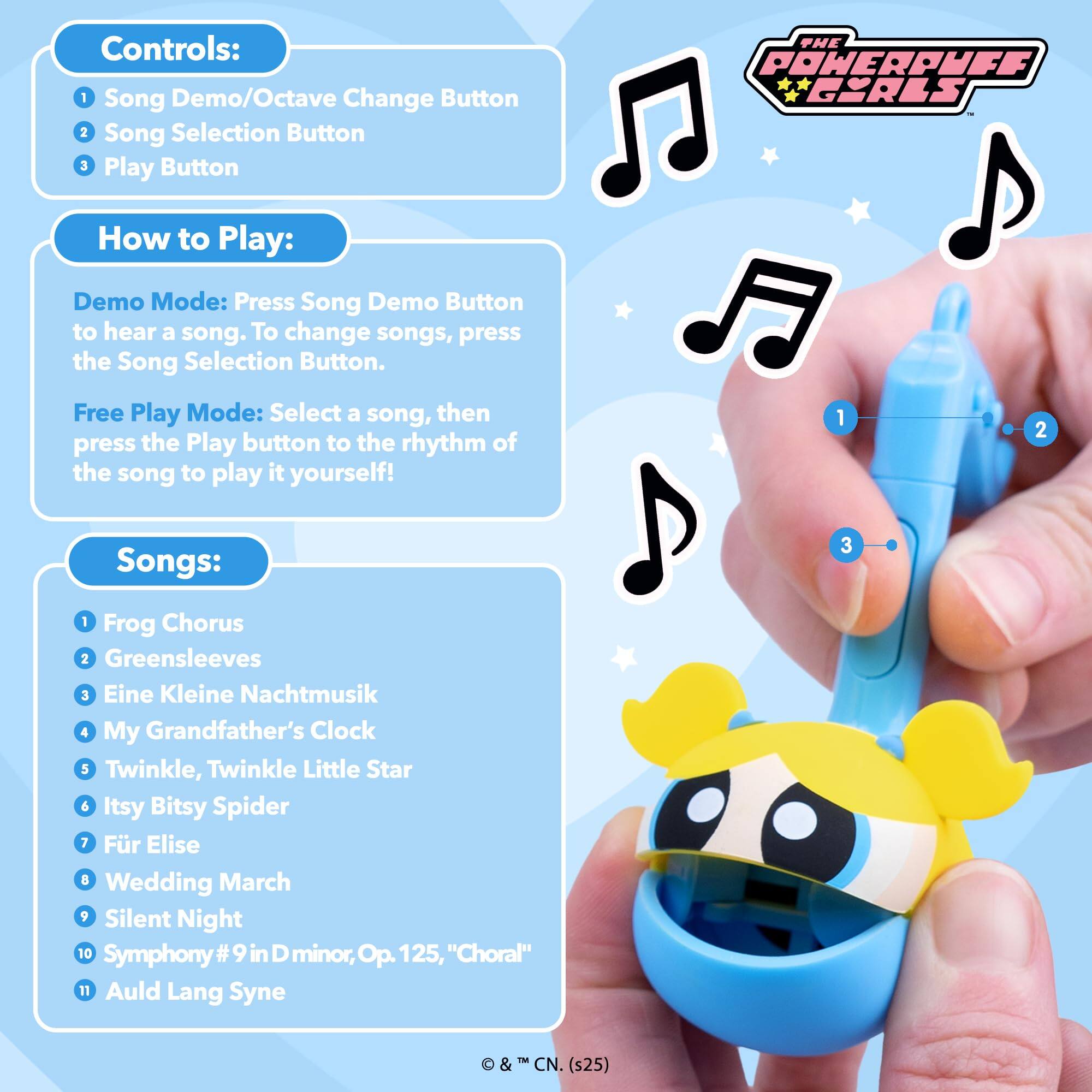 Controls:  
1. Song Demo/Octave Change Button  
2. Song Selection Button  
3. Play Button  

How to Play:  
Demo Mode: Press Song Demo Button to hear a song. To change songs, press the Song Selection Button.  

Free Play Mode: Select a song, then press the Play button to the rhythm of the song to play it yourself!  

Songs:  
1. Frog Chorus  
2. Greensleeves  
3. Eine Kleine Nachtmusik  
4. My Grandfather's Clock  
5. Twinkle, Twinkle Little Star  
6. Itsy Bitsy Spider  
7. Für Elise  
8. Wedding March  
9. Silent Night  
10. Symphony #9 in D minor, Op. 125, "Choral"  
11. Auld Lang Syne  

© & ™ CN. (s25)