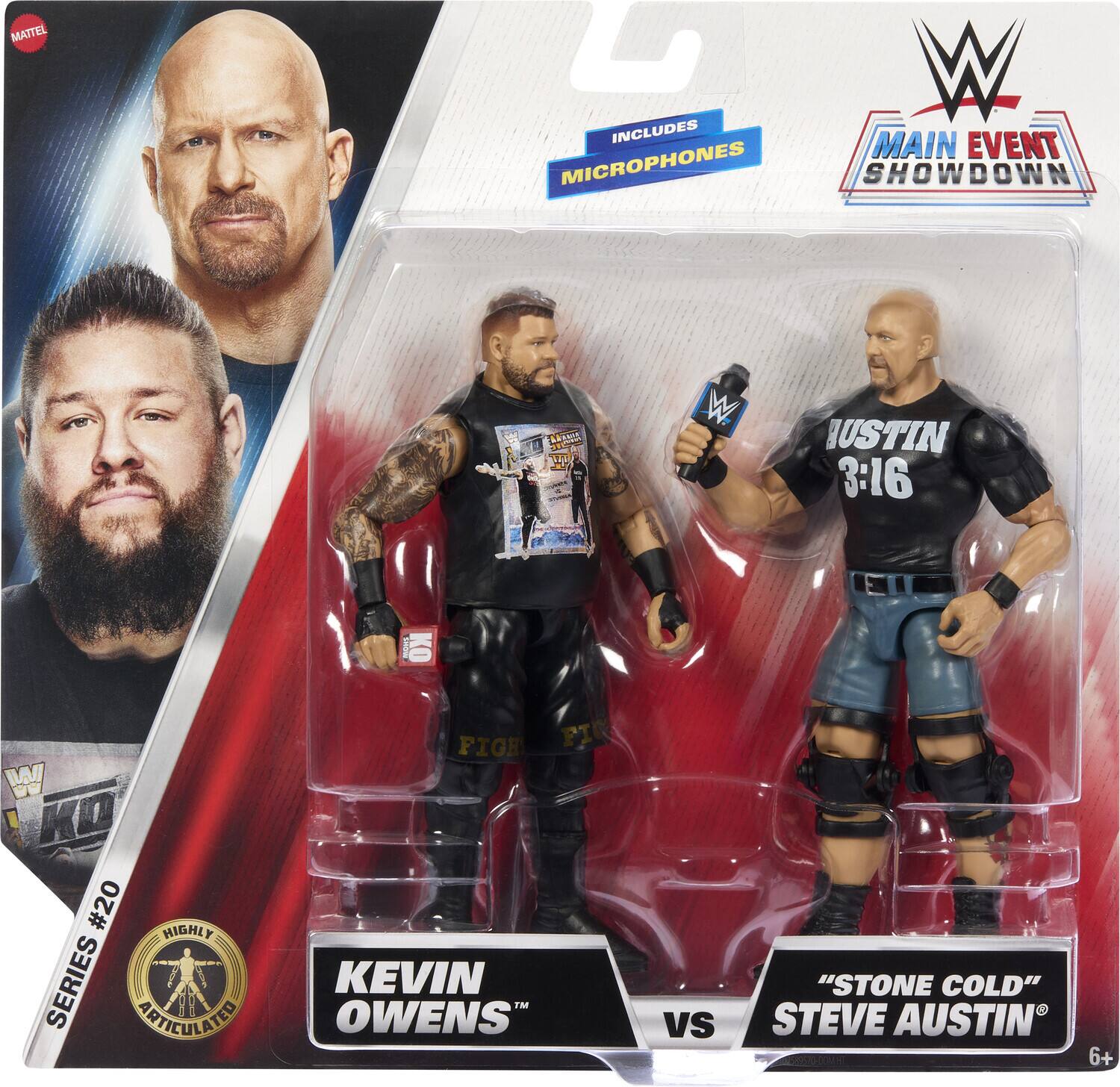 The text on the image is:

"MATTEL INCLUDES MAIN EVENT MICROPHONES SHOWDOWN 1A0 W JUSTIN 3:16 I KO WA #20 HIGHLY ARTICULATED FIGHTING FIGURES KEVIN OWENS vs 'STONE COLD' STEVE AUSTIN 6+"

Corrected and grouped:

"MATTEL INCLUDES MAIN EVENT MICROPHONES SHOWDOWN. 1A0 W JUSTIN 3:16 I KO WA #20 HIGHLY ARTICULATED FIGHTING FIGURES: KEVIN OWENS vs 'STONE COLD' STEVE AUSTIN. 6+"
