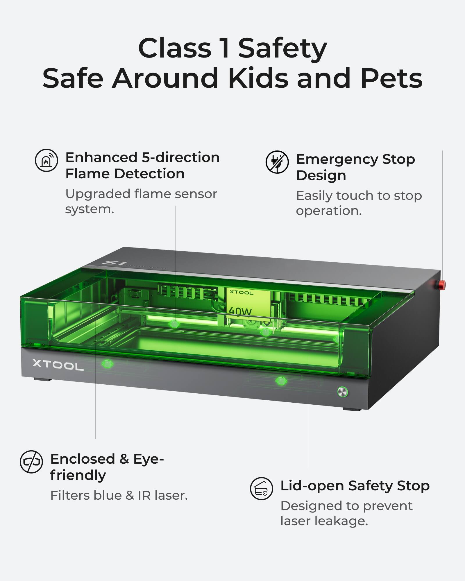 Class 1 Safety  
Safe Around Kids and Pets

- Enhanced 5-direction Flame Detection  
  Upgraded flame sensor system.

- Emergency Stop Design  
  Easily touch to stop operation.

- Enclosed & Eye-friendly  
  Filters blue & IR laser.

- Lid-open Safety Stop  
  Designed to prevent laser leakage.
