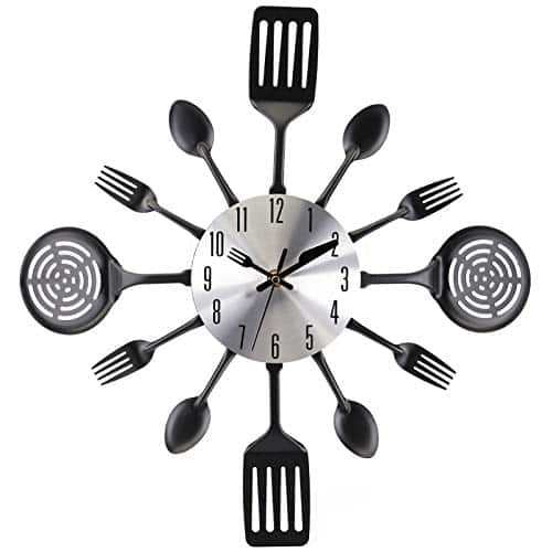 DORLUKFU - 16" Kitchen Wall Clock, Large Kitchen Cutlery Wall Clock with Spoons and Forks, 3D Removable Modern Creative Wall Decal - Black/Silver