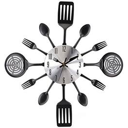 DORLUKFU - 16" Kitchen Wall Clock, Large Kitchen Cutlery Wall Clock with Spoons and Forks, 3D Removable Modern Creative Wall Decal - Black/Silver