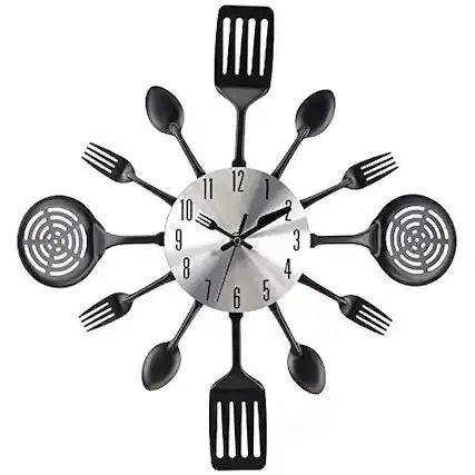 Front. Vulpecula Spade - 16" Kitchen Wall Clock, Large Kitchen Cutlery Wall Clock with Spoons and Forks, 3D Removable Modern Creative Wall Decal - Black, Silver.