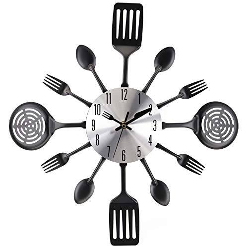 Front. DORLUKFU - 16" Kitchen Wall Clock, Large Kitchen Cutlery Wall Clock with Spoons and Forks, 3D Removable Modern Creative Wall Decal - Black, Silver.