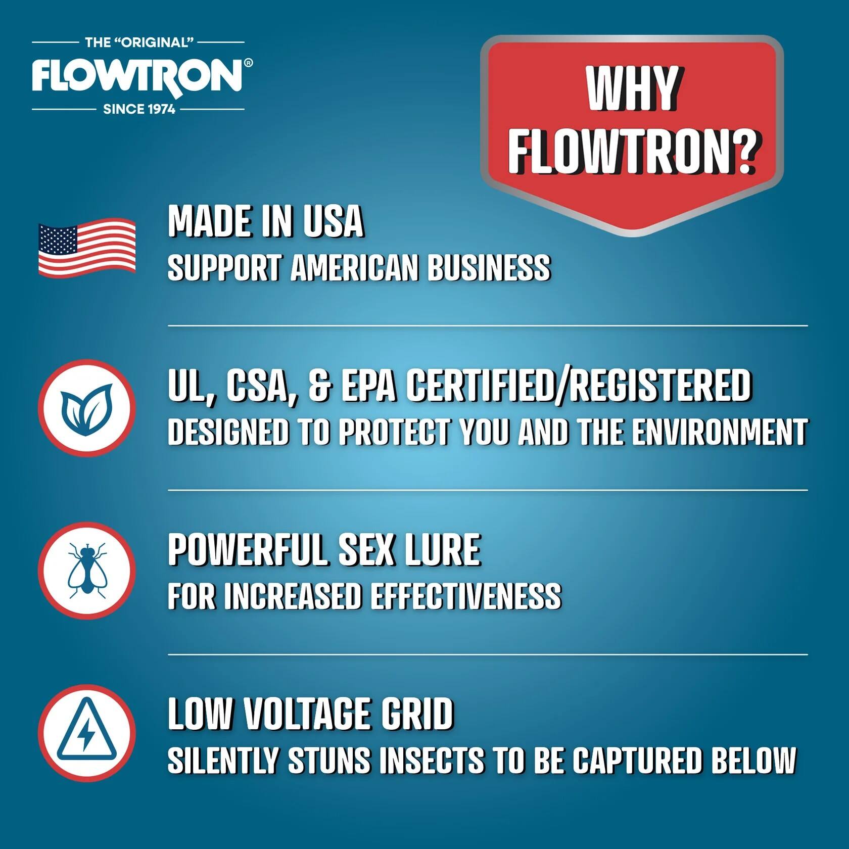 **THE "ORIGINAL" FLOWTRON® SINCE 1974**

**WHY FLOWTRON?**

- **MADE IN USA**
  - SUPPORT AMERICAN BUSINESS

- **UL, CSA, & EPA CERTIFIED/REGISTERED**
  - DESIGNED TO PROTECT YOU AND THE ENVIRONMENT

- **POWERFUL SEX LURE**
  - FOR INCREASED EFFECTIVENESS

- **LOW VOLTAGE GRID**
  - SILENTLY STUNS INSECTS TO BE CAPTURED BELOW