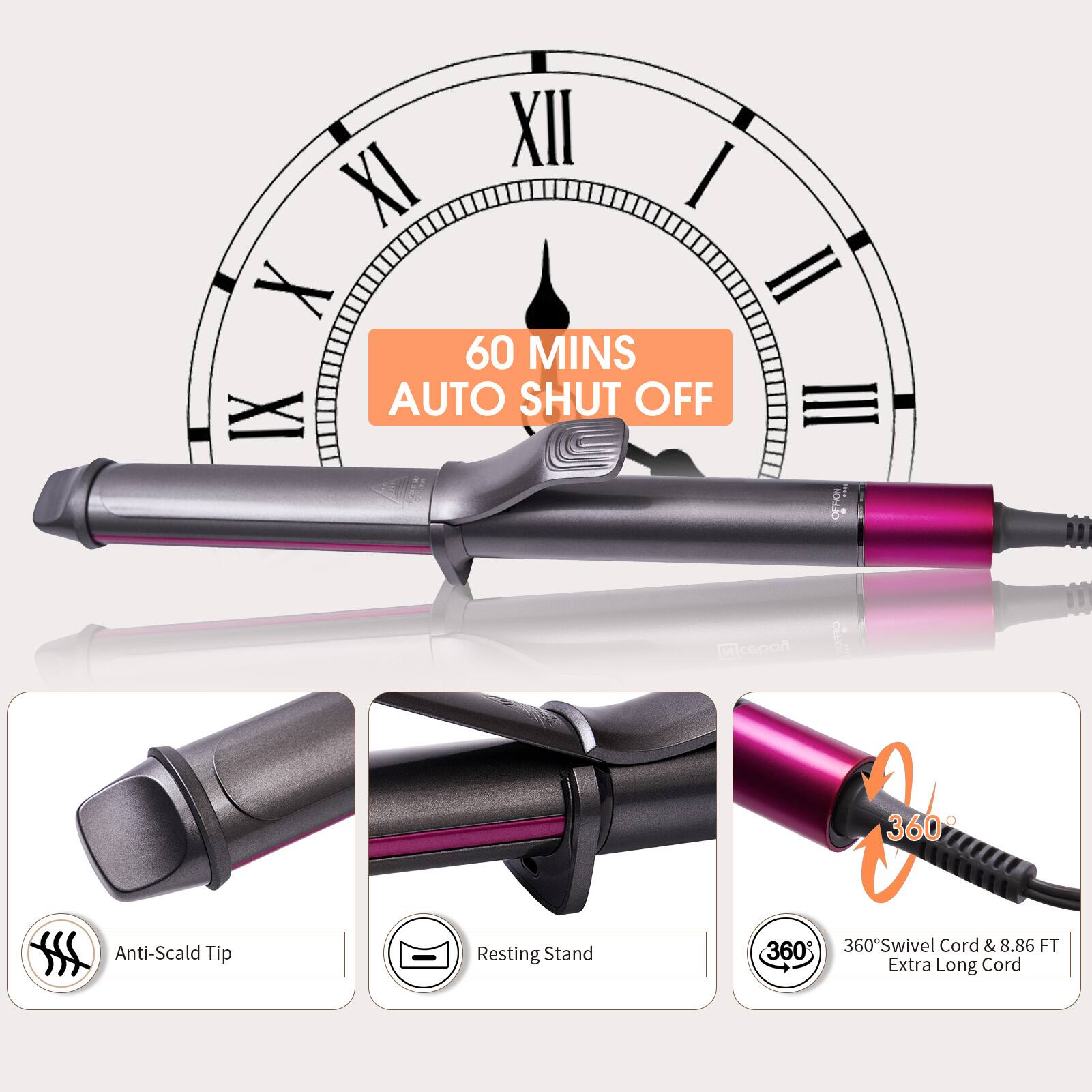 - 60 MINS AUTO SHUT OFF
- Anti-Scald Tip
- Resting Stand
- 360° Swivel Cord & 8.86 FT Extra Long Cord