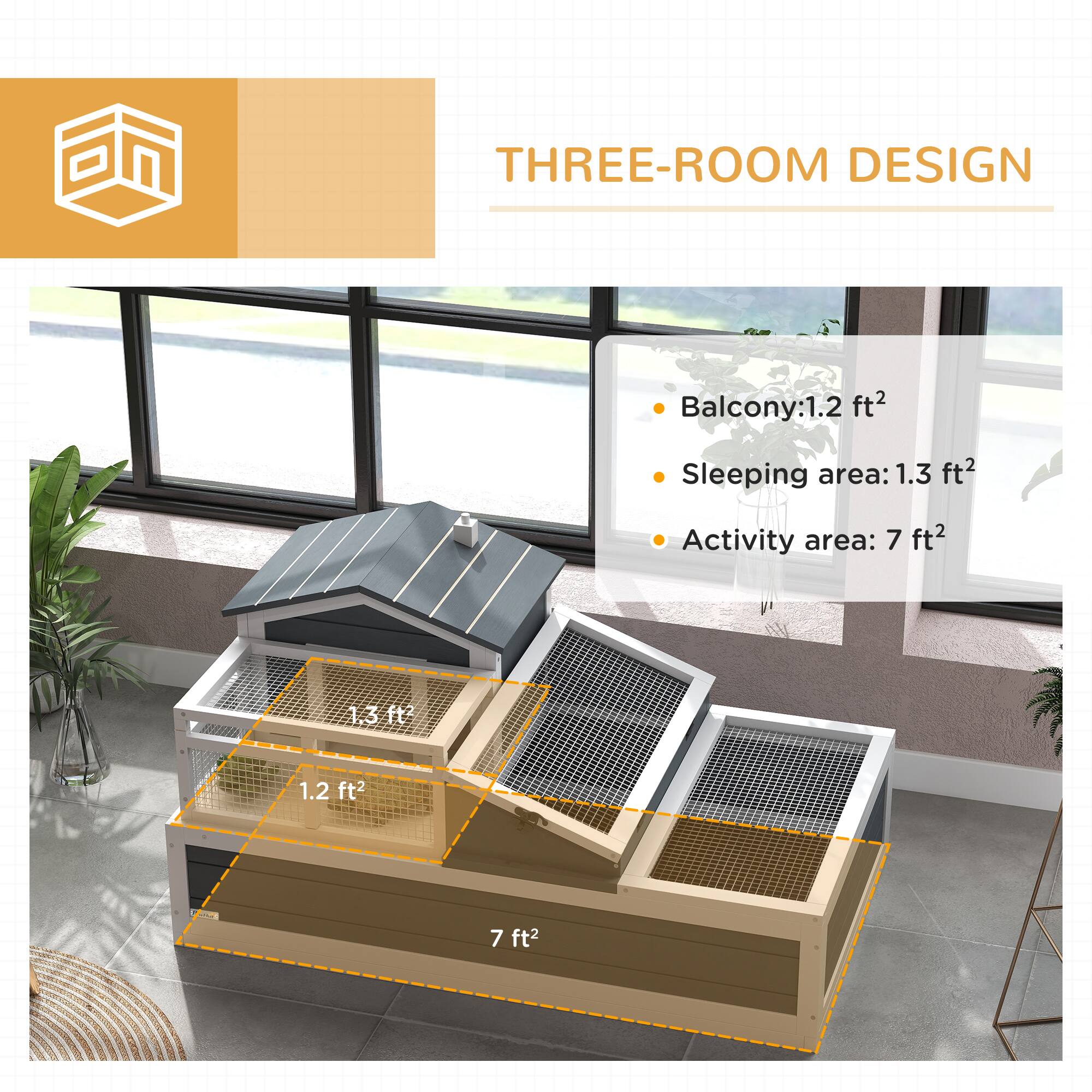 THREE-ROOM DESIGN

- Balcony: 1.2 ft²
- Sleeping area: 1.3 ft²
- Activity area: 7 ft²

1.2 ft²  
1.3 ft²  
7 ft²