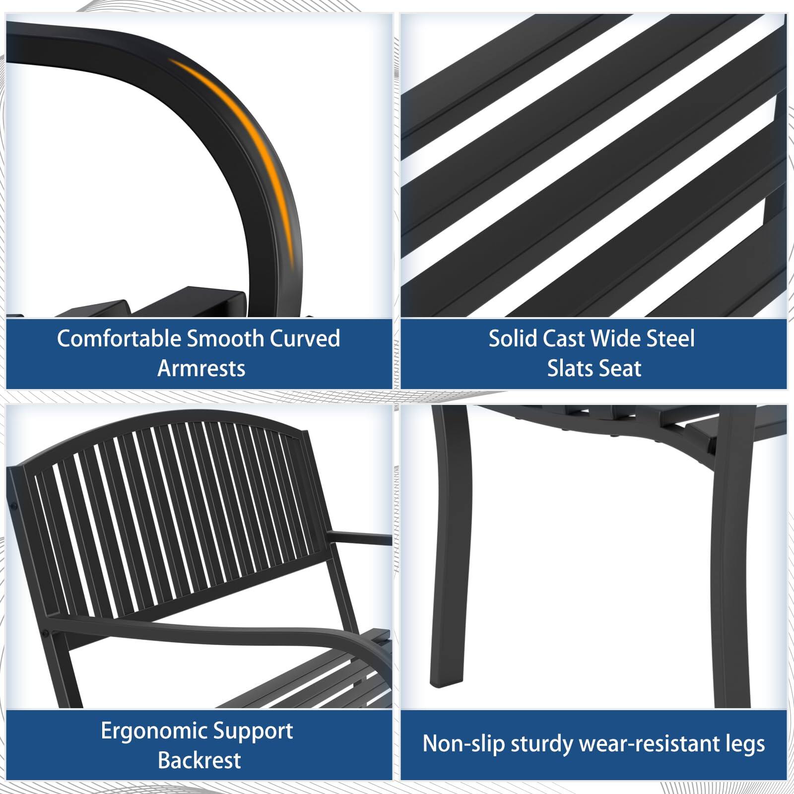 - Comfortable Smooth Curved Armrests
- Solid Cast Wide Steel Slats Seat
- Ergonomic Support Backrest
- Non-slip sturdy wear-resistant legs
