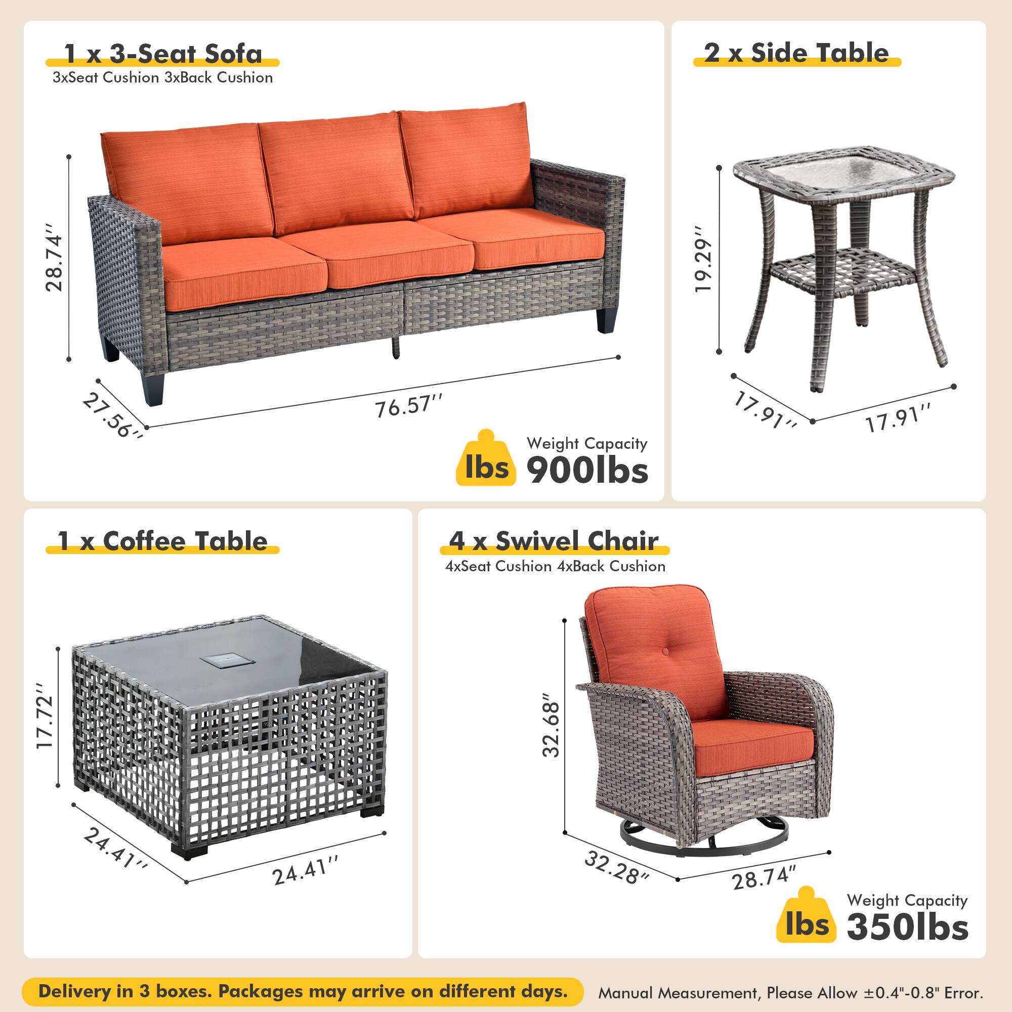 Alt View 1. Ovios - 8 PCS Patio Furniture, 3 Seat Sofa with Coffee Table, Swivel Chairs with Side Table for Yard - Orange Red.