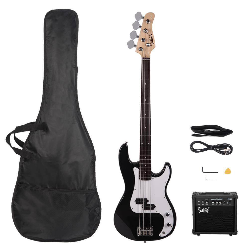Back. Winado - Full Size Electric Bass Guitar Beginner Kit 4 String Exquisite Basswood Bass with 20W AMP, Cable, Strap, Bag.
