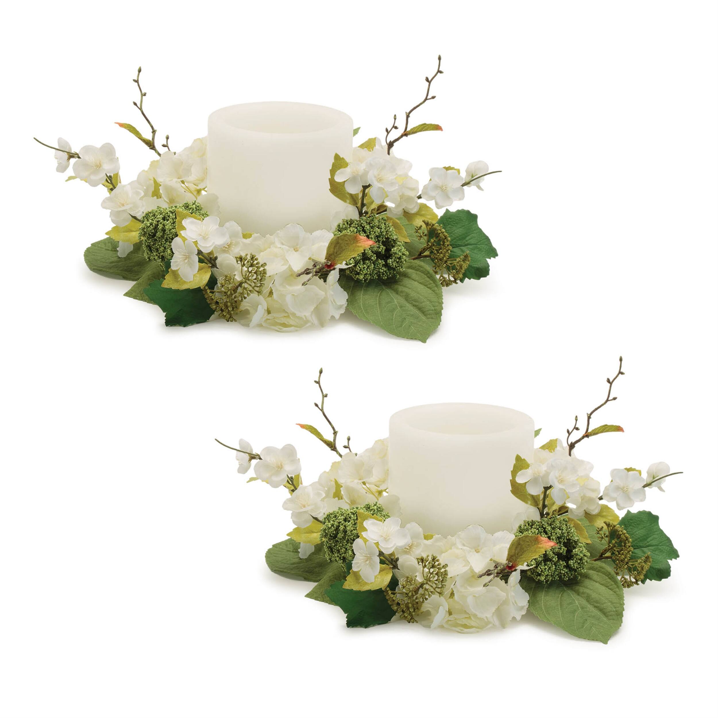 Left. BreeBe - Hydrangea Floral Candle Ring (Set of 2) - White, Green.