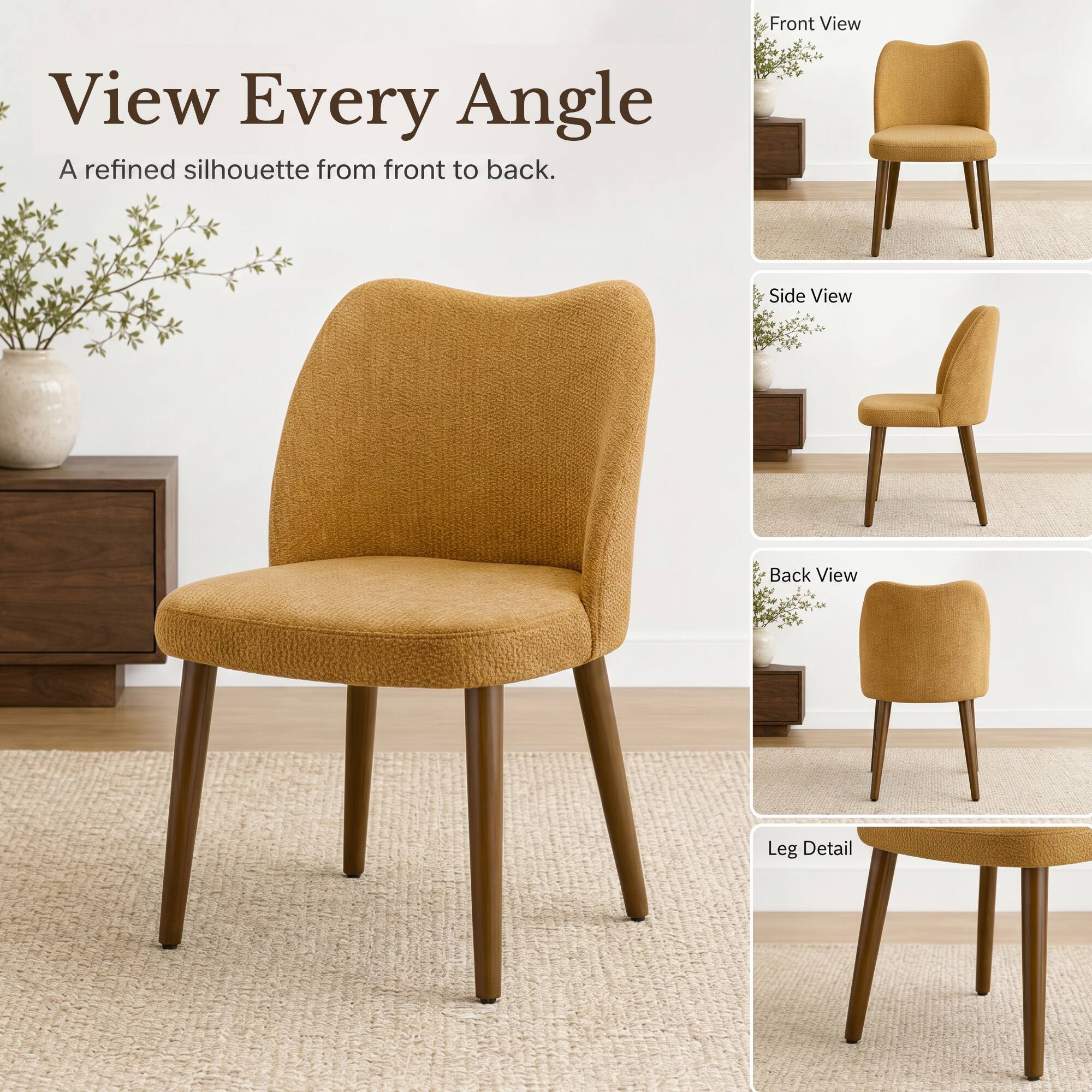 View Every Angle  
A refined silhouette from front to back.  
Front View  
Side View  
Back View  
Leg Detail