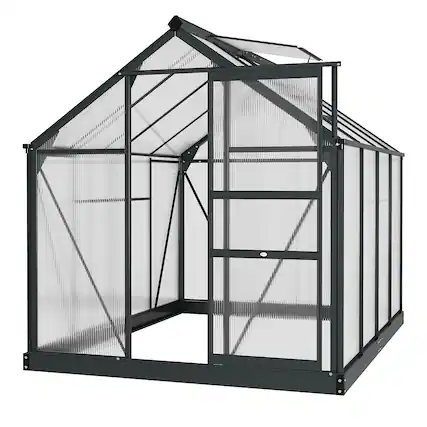 Front. Outsunny - 6' x 8' Greenhouse for Outdoors, Polycarbonate Greenhouse with Rain Gutter and Roof Vent, Aluminum Walk-in Green House.